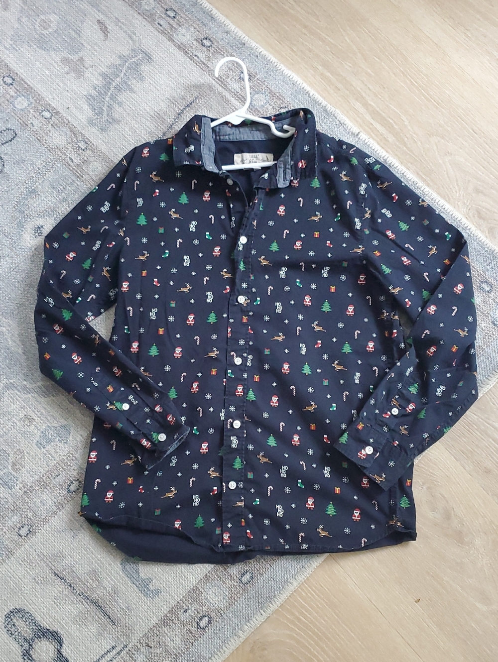 H&M Teen Boys L.O.G.G. Christmas Motif Cotton Button-Down Shirt Sz13-14y